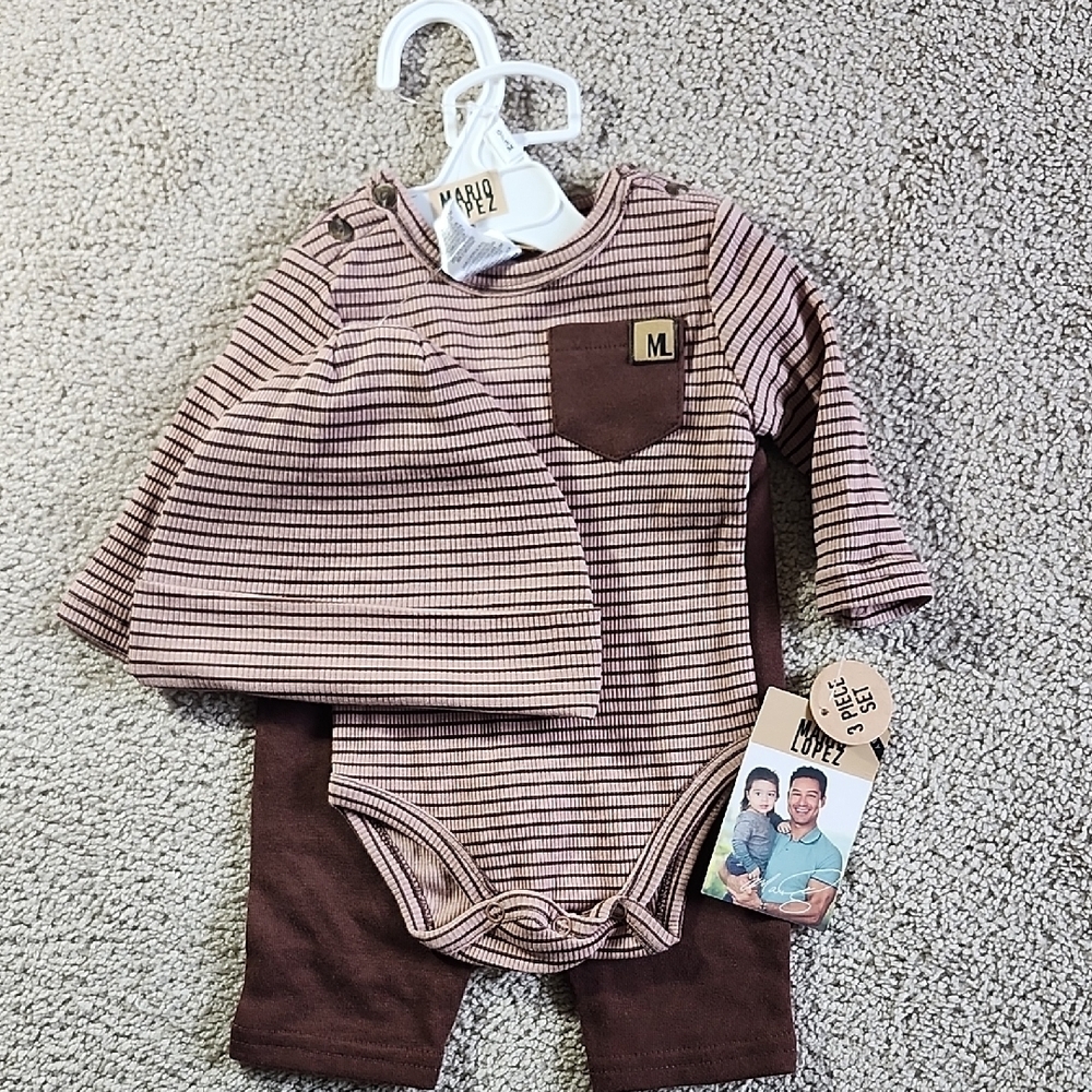 Mario Lopez Kids Baby Boy 3-Piece Set Striped Bodysuit Pants Hat 3/6 M NWT